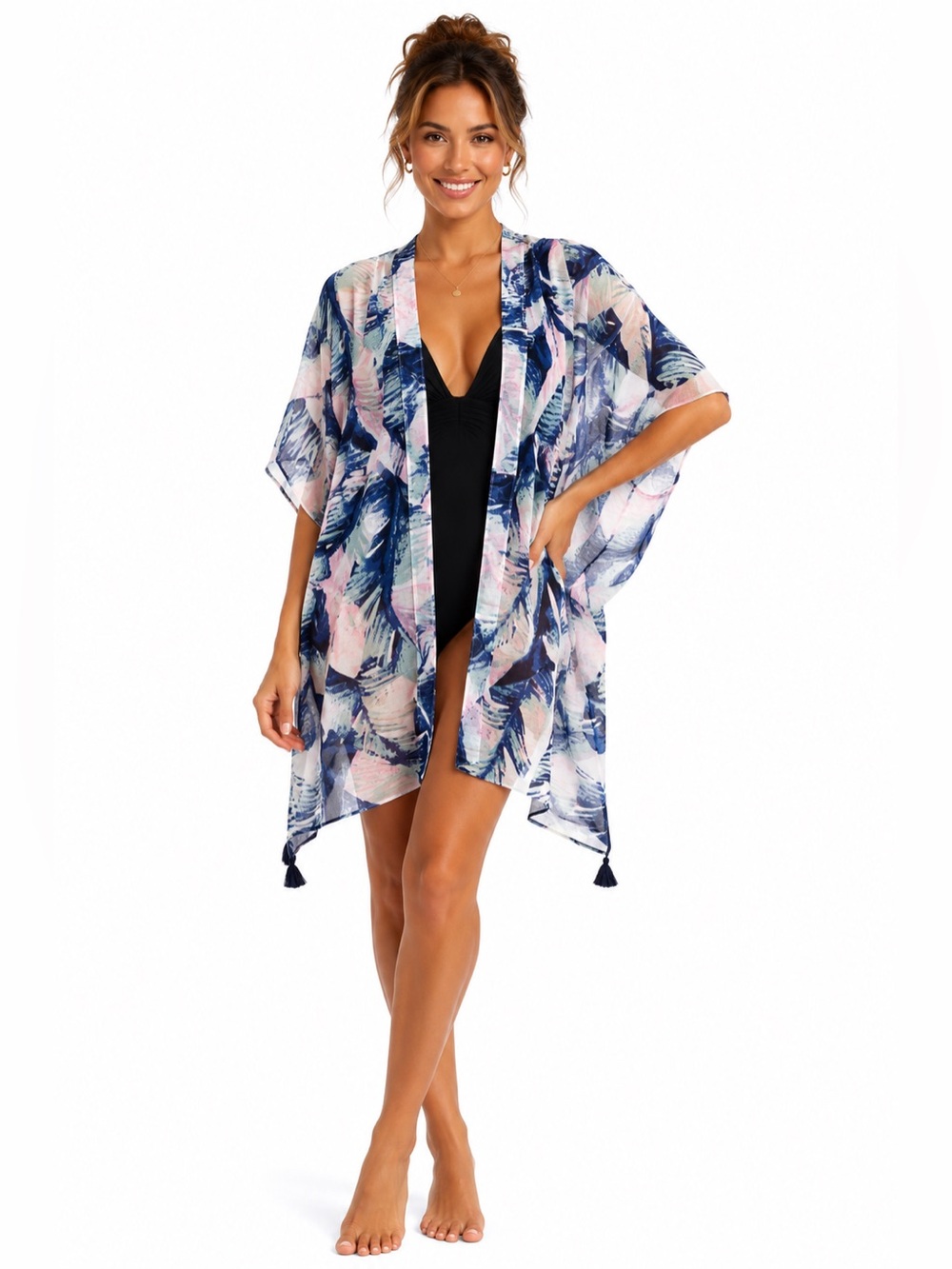 Sheer Navy & Pink Palm-Print Swim Coverup Kimono